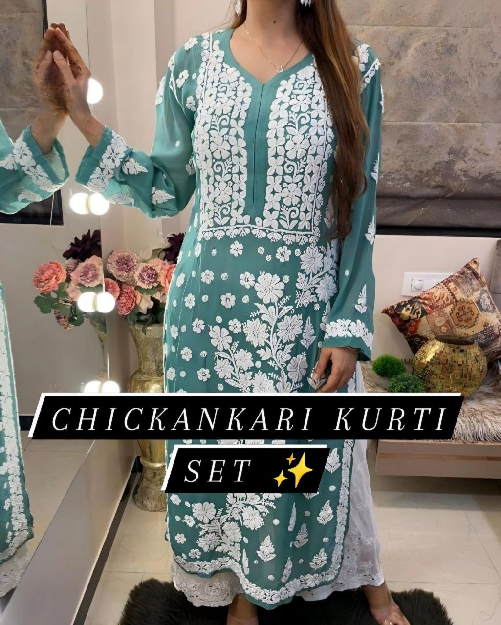 Ready To Wear Sea Green Rayon Cotton Embroidery Work Chikan Kari Suit