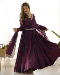 Exclusive Wine Chanderi Roman Silk Embroidery Anarkali Suit With Dupatta