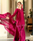 Ready To Wear Deep Rose Pink Pure Natural Crep Silk Embroidery Plazzo Kurti With Dupatta