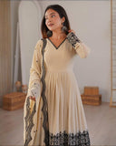 Premium Cream Premium Soft Georgette Embroidery Frock Palazo With Dupatta