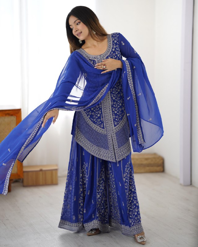 Premium Red And Blue Premium Soft Georgette Embroidery Palazo Kurti With Dupatta