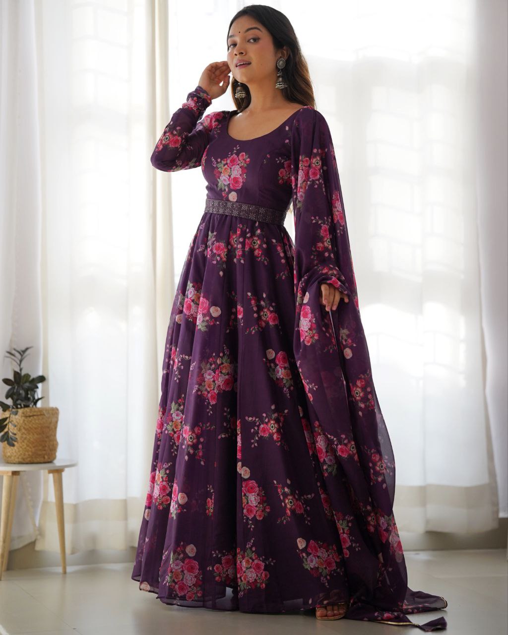 Ready To Wear Purple Organza Silk Floral Printed Work Anarkali Gown With Dupatta