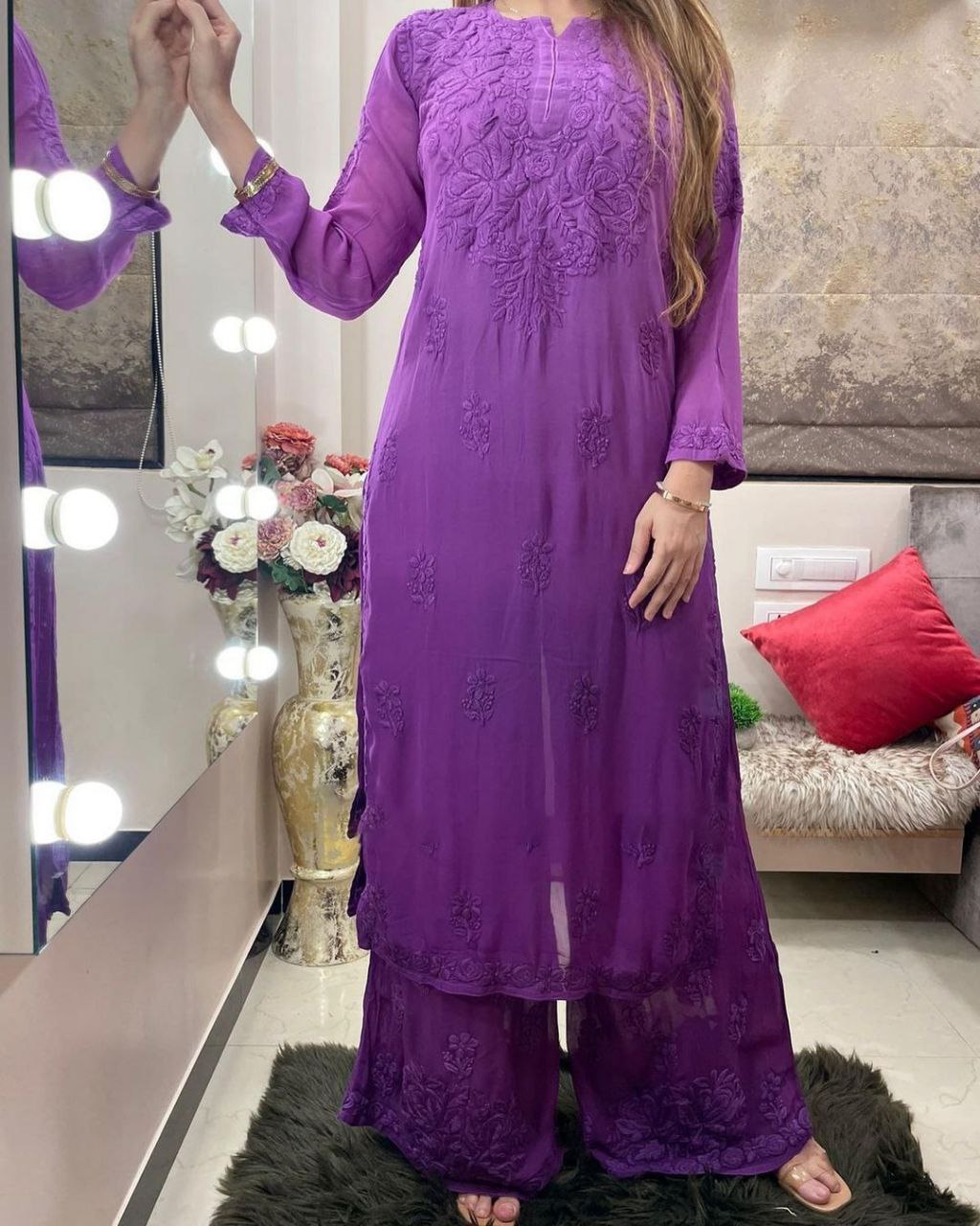 Ready To Wear Purple Rayon Cotton Embroidery Work Chikan Kari Suit With Dupatta