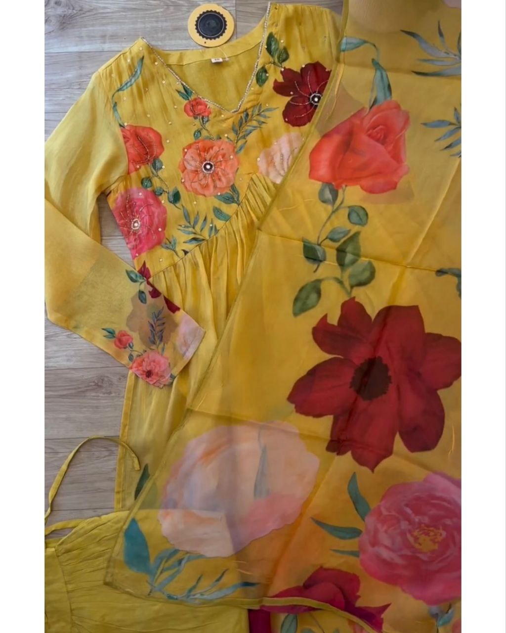 Ready To Wear Yellow Maslin Silk Floral Print Work Alia Cut Suit With Dupatta