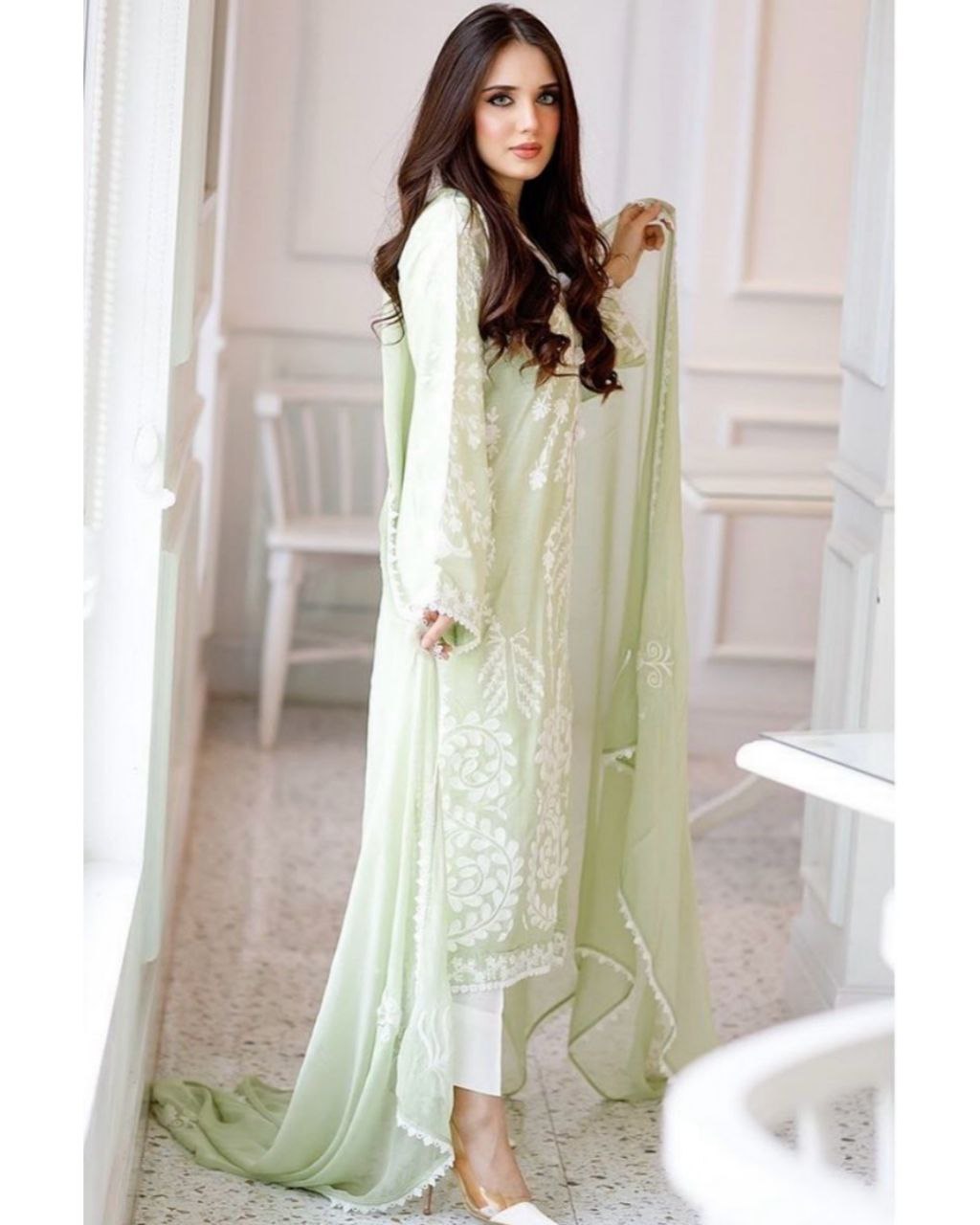 Ready To Wear Pistachio Green Faux Georgette Embroidery Work Pakistani Suit With Dupatta