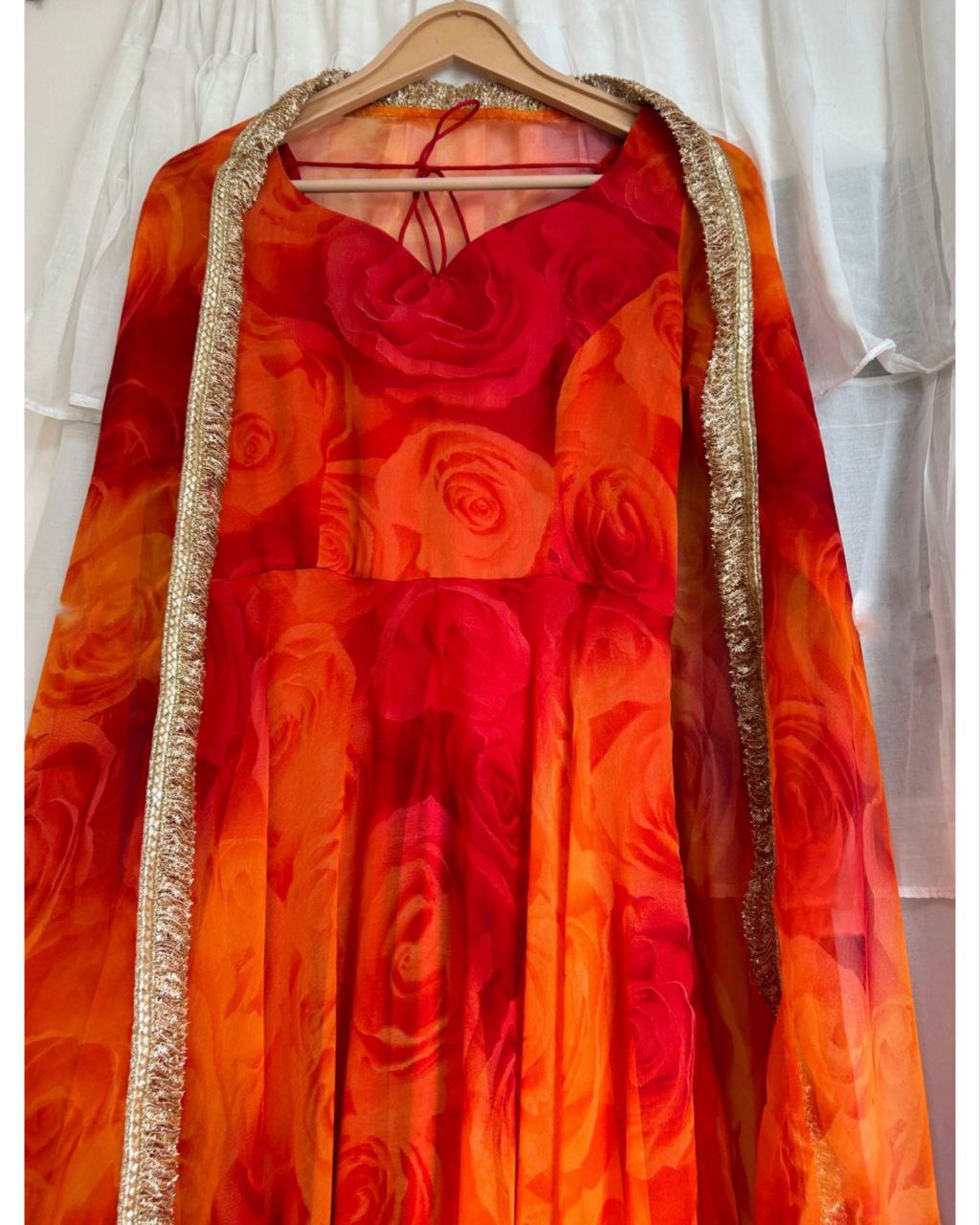 Ready To Wear Orange Faux Georgette Digital Print Gown With Dupatta