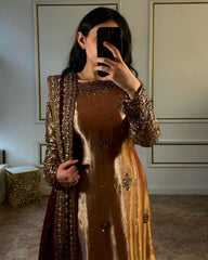 Ready To Wear Copper Jimmy Choo Silk Embroidery Work Pakistani Suit With Maroon Dupatta