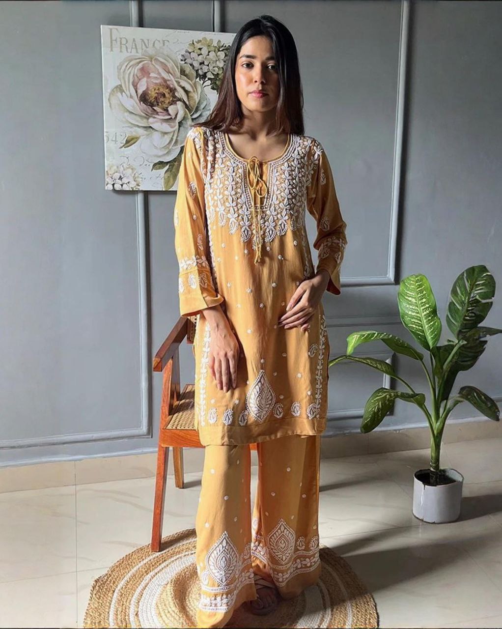 Exclusive Yellow Green Rayon Cotton chikankari Palazo Kurti Set