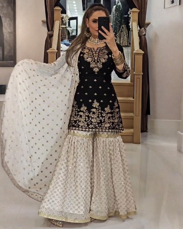 Exclusive Black And White Soft Georgette Embroidery Gharara Suit With Dupatta