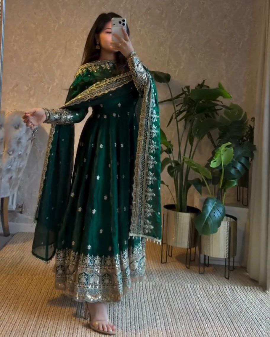 Exclusive Maroon Black Green Heavy Georgette Embroidery Anarkali Suit With Dupatta