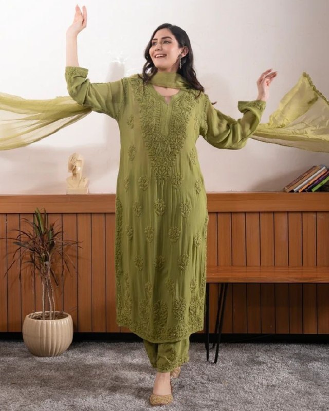 Ready To Wear Pink Brown Green Red Soft Georgette Chikankari Kurti Palazo With Dupatta