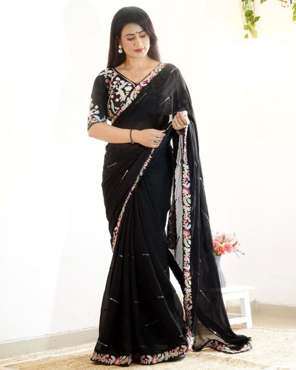 Designer Black-Red-Purple Rangoli Silk Embroidery Work Saree With Blouse