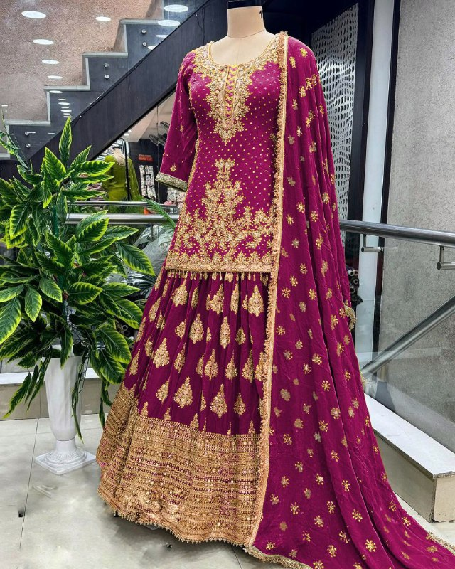 Designer Chinon Silk Embroidery Work Lehenga Top With Dupatta