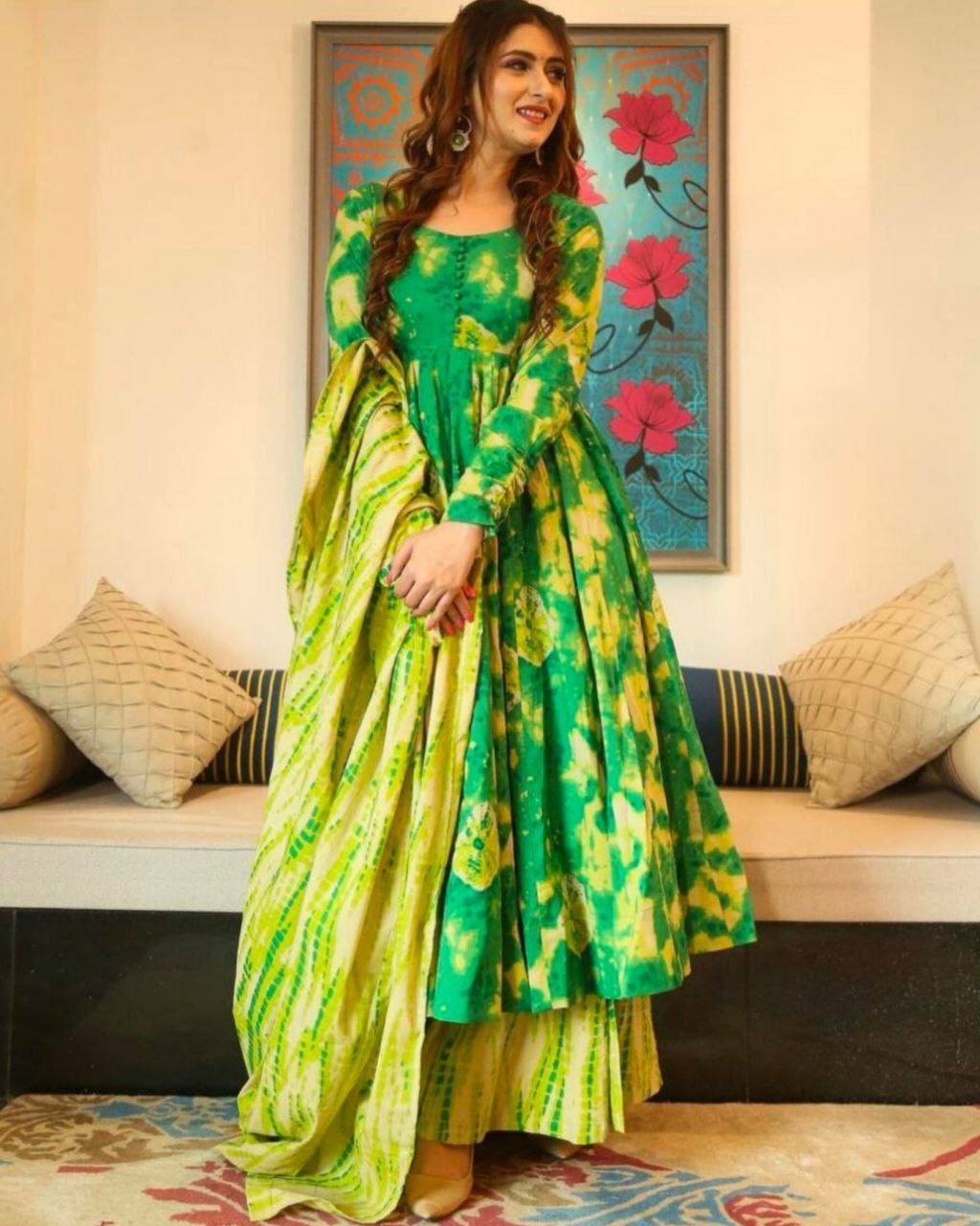 Designer Green-Yellow Cotton Printed Anarkali Suit With Dupatta