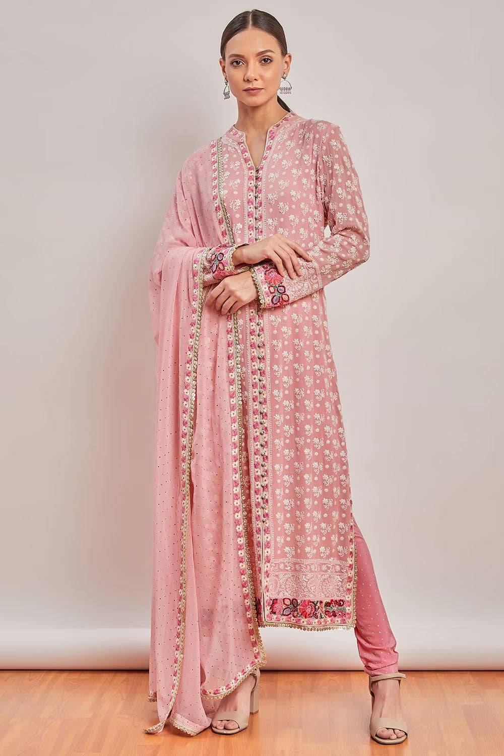 Ready To Wear Pink Embroidered And Floral Borders In Kurta Set, It Comes With Matching Dupatta And Churidar Pants.