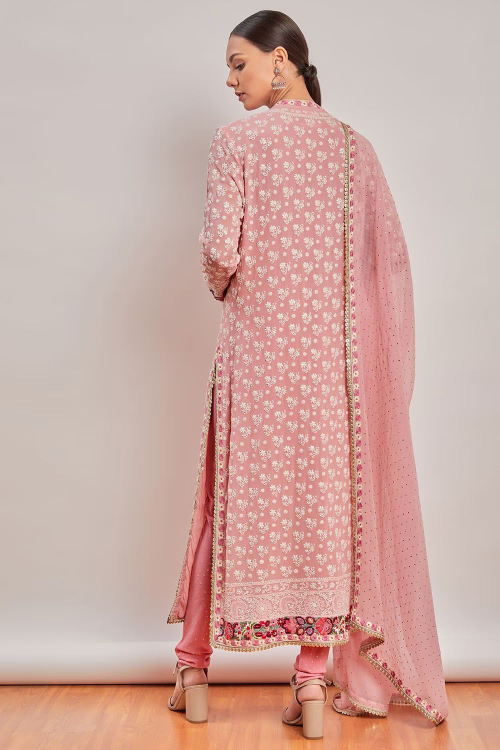 Ready To Wear Pink Embroidered And Floral Borders In Kurta Set, It Comes With Matching Dupatta And Churidar Pants.