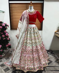 Designer White Satin Silk Embroidery Work Lehenga Choli With Dupatta