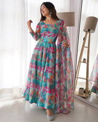 Ready To Wear Sky Organza Floral Printed Anarkali Suit With Dupatta