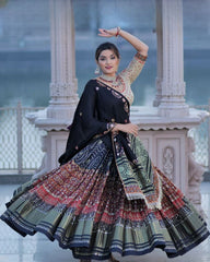 Navratri Special Green-Beige Butter Silk Multi Printed Lehenga Choli With Dupatta