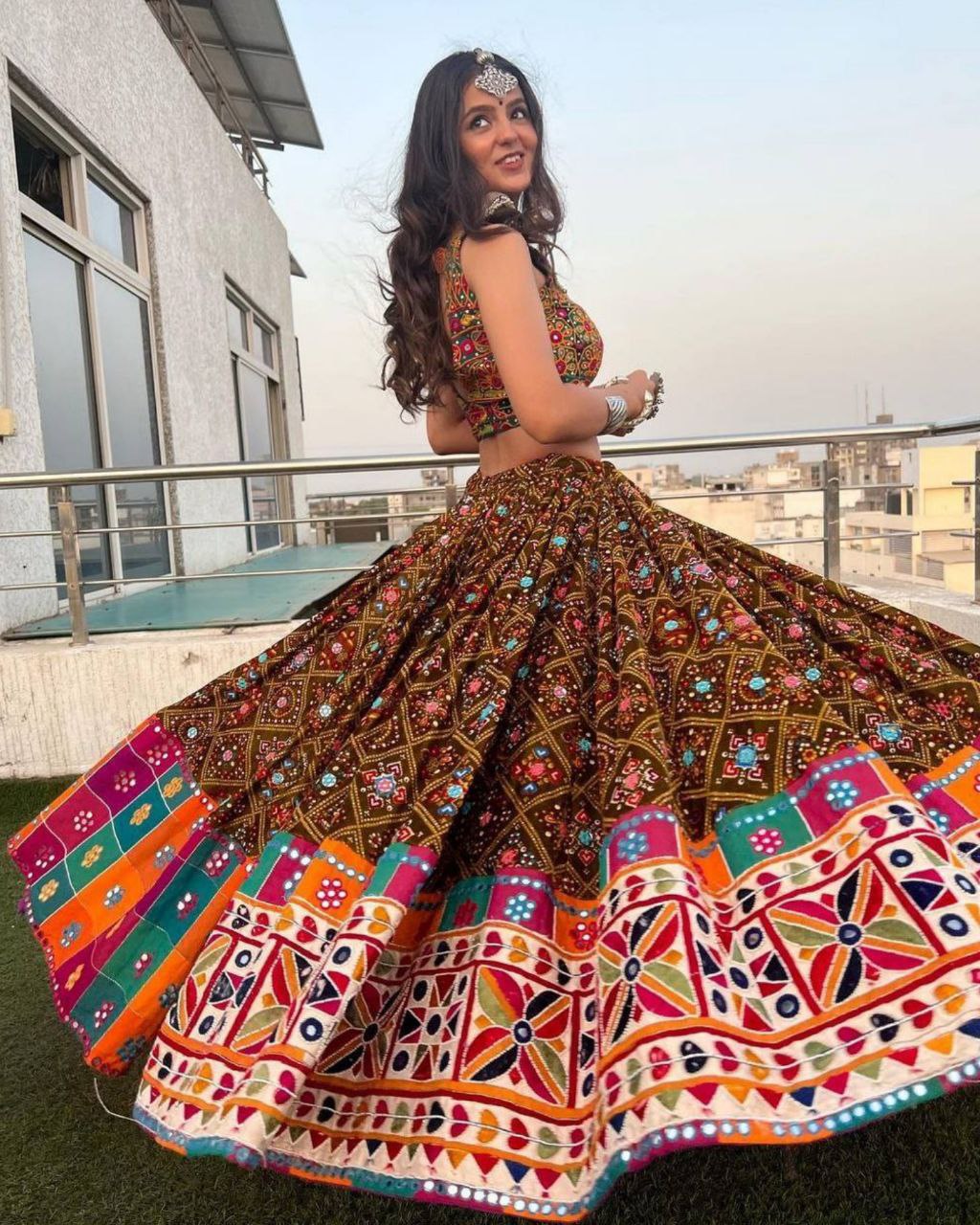Navratri Special Brown Butter Silk Multi Printed Work Lehenga Choli With Dupatta