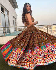Navratri Special Brown Butter Silk Multi Printed Work Lehenga Choli With Dupatta