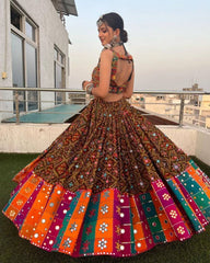 Navratri Special Brown Butter Silk Multi Printed Work Lehenga Choli With Dupatta