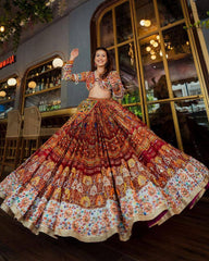 Navratri Special Brown Butter Silk Multi Printed Lehenga Choli With Blue Dupatta