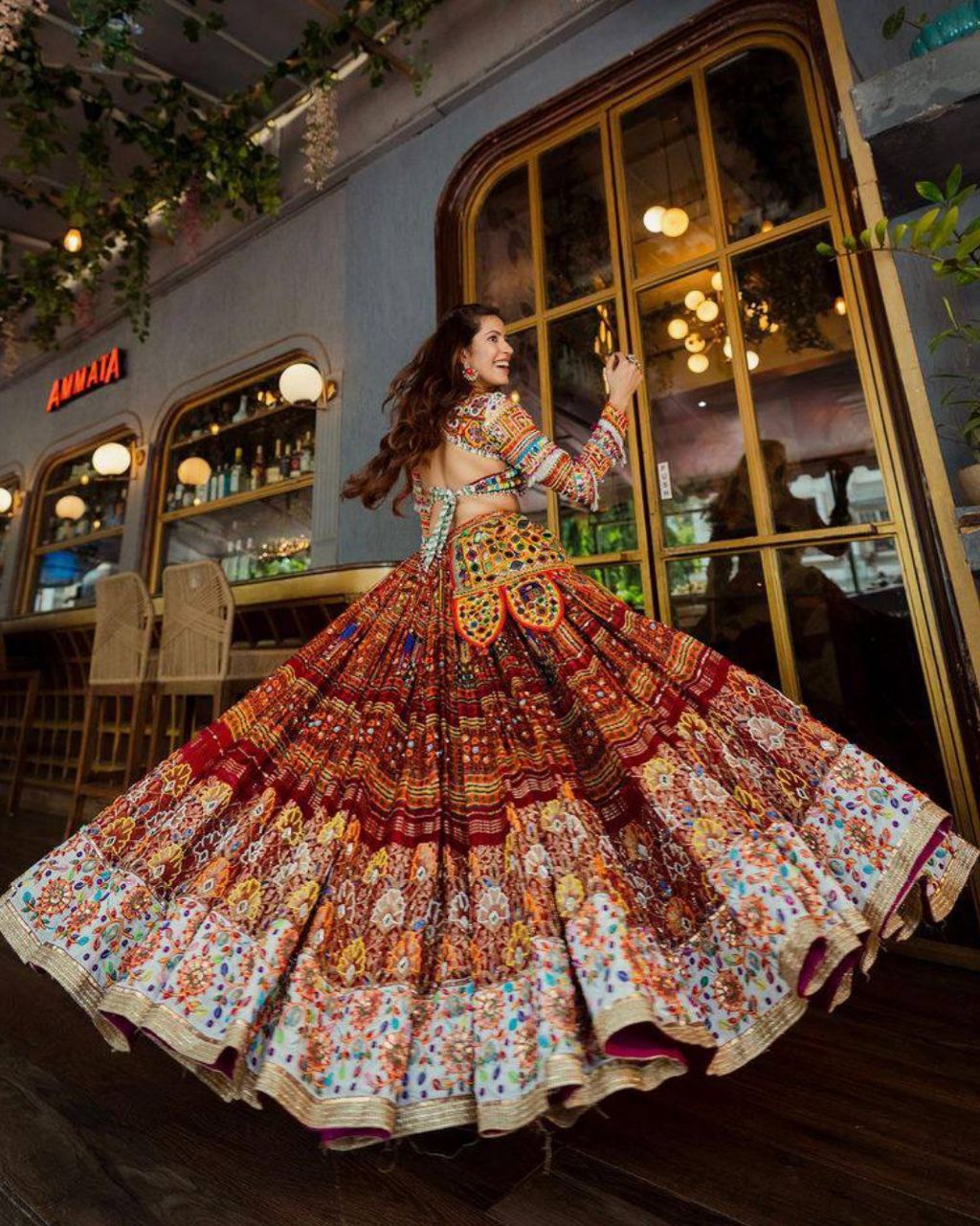 Navratri Special Brown Butter Silk Multi Printed Lehenga Choli With Blue Dupatta