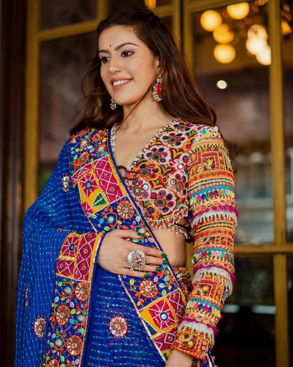 Navratri Special Brown Butter Silk Multi Printed Lehenga Choli With Blue Dupatta