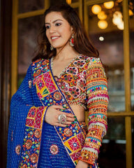 Navratri Special Brown Butter Silk Multi Printed Lehenga Choli With Blue Dupatta
