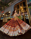 Navratri Special Brown Butter Silk Multi Printed Lehenga Choli With Blue Dupatta