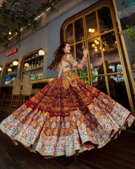 Navratri Special Brown Butter Silk Multi Printed Lehenga Choli With Blue Dupatta