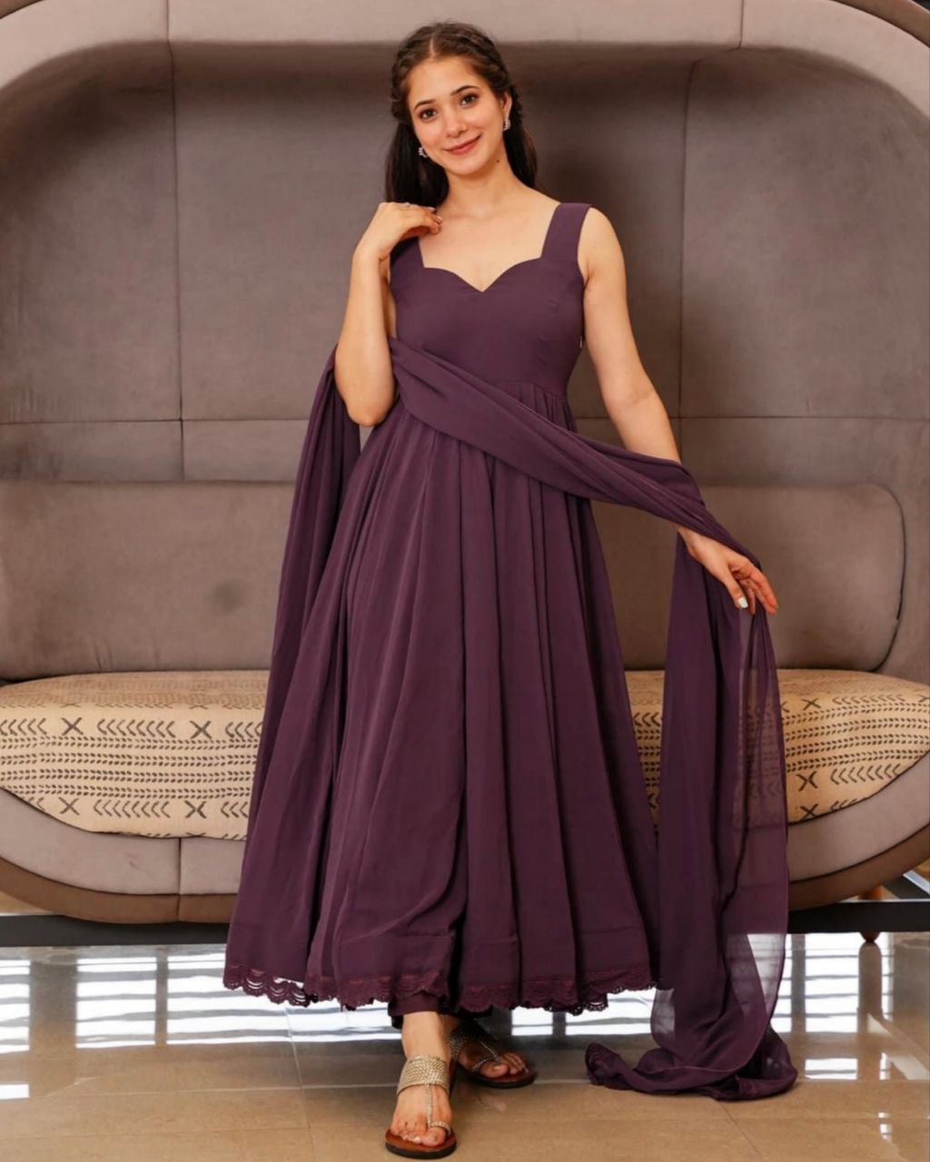 Designer Old Mauve Georgette Lace Work Anarkali Suit With Dupatta