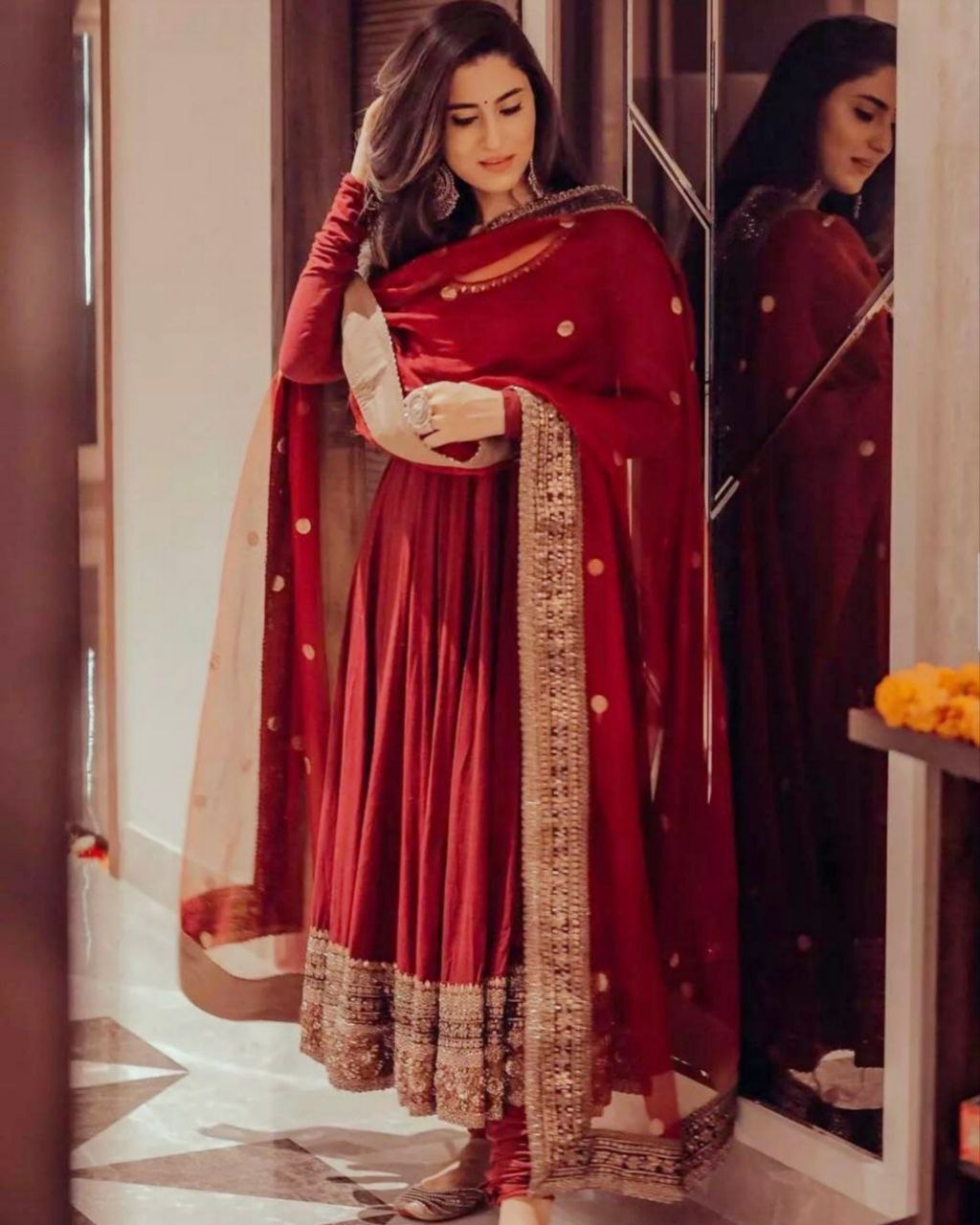 Designer Maroon Tapeta Silk Embroidery Work Anarkali Suit With Dupatta
