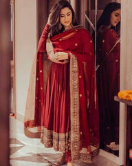 Designer Maroon Tapeta Silk Embroidery Work Anarkali Suit With Dupatta