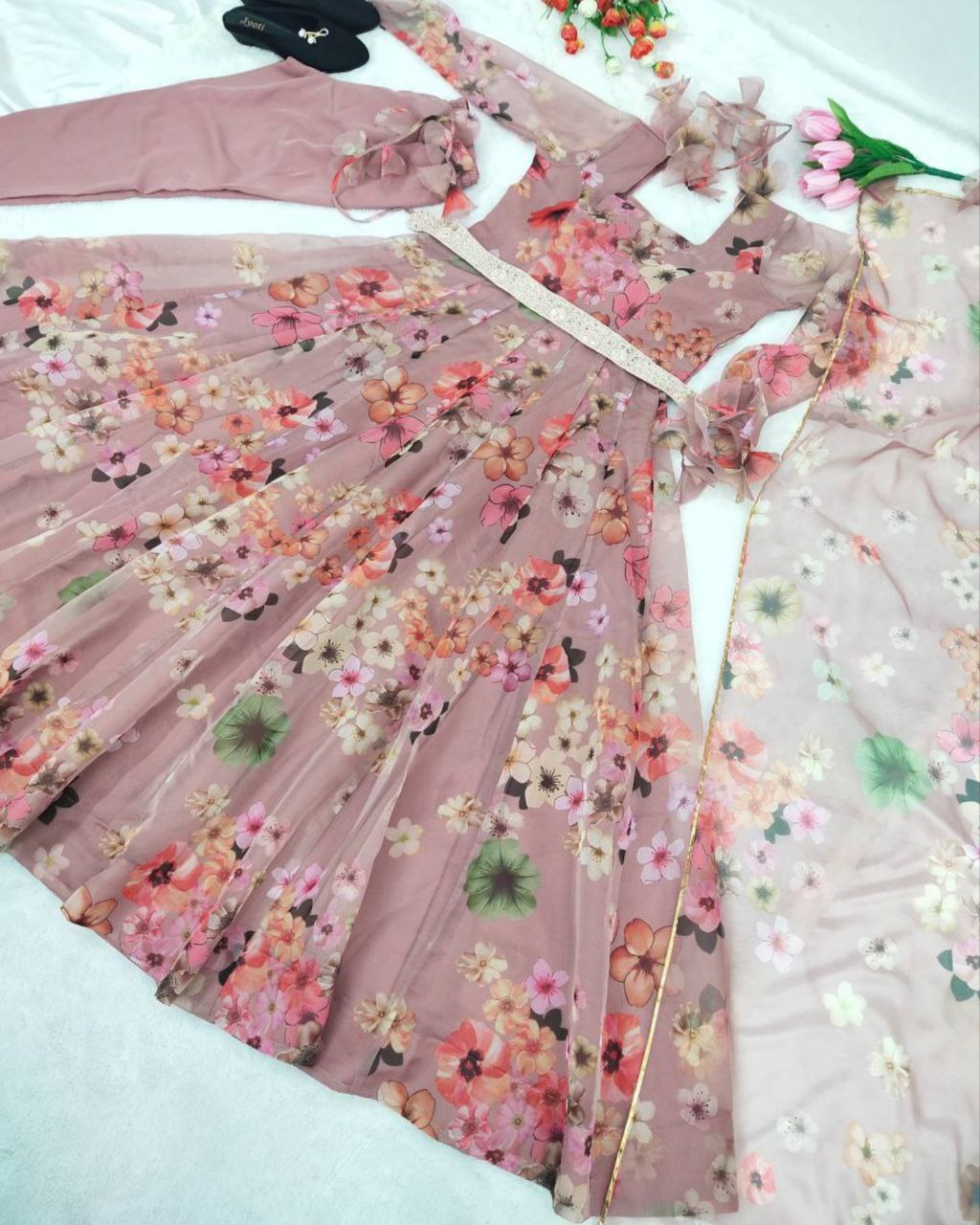 Designer Peach Organza Silk Floral Printed Anarkali Suit With Dupatta