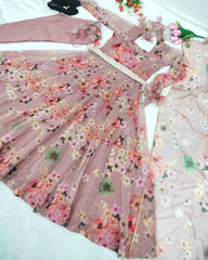 Designer Peach Organza Silk Floral Printed Anarkali Suit With Dupatta