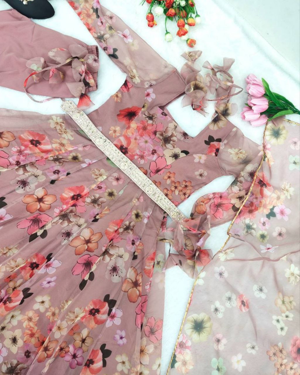 Designer Peach Organza Silk Floral Printed Anarkali Suit With Dupatta