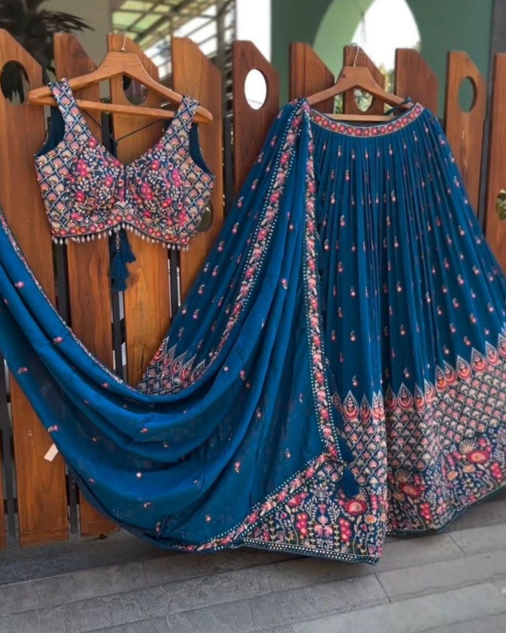 Beautiful Blue Faux Georgette With Thread And Hand Work Lehenga Choli With Dupatta