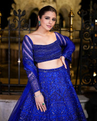 Gorgeous Blue Soft Net With Thread And Hand Work Lehenga Choli With Dupatta