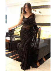 Gorgeous Black Heavy Mono Net With Embroidery And Thread Work Saree