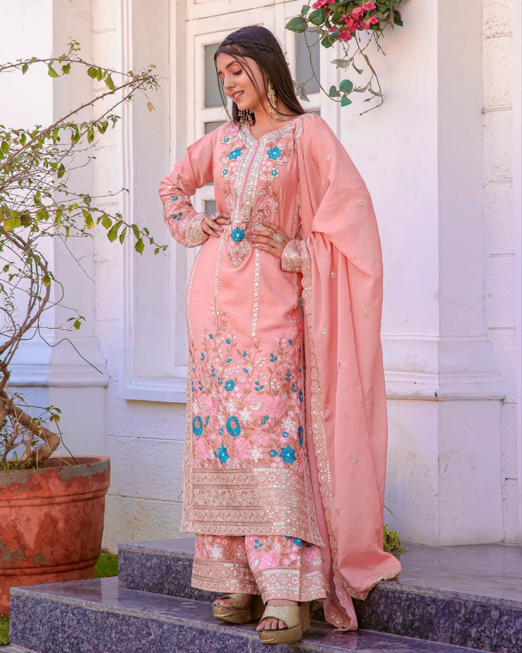 Gorgeous Chinon Silk With Fancy Embroidery Thread Work Plazo Suit With Dupatta