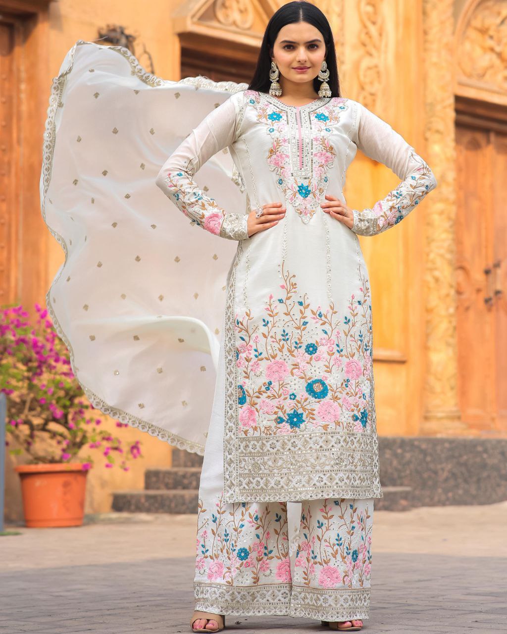 Gorgeous Chinon Silk With Fancy Embroidery Thread Work Plazo Suit With Dupatta
