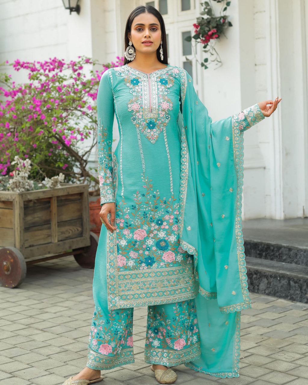 Gorgeous Chinon Silk With Fancy Embroidery Thread Work Plazo Suit With Dupatta