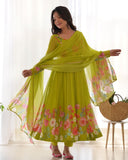 Ready To Wear Green Organza Silk Floral Print Work Anarkali Suit With Dupatta