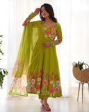 Ready To Wear Green Organza Silk Floral Print Work Anarkali Suit With Dupatta
