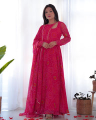 Adorable Pure Soft Lightweight Chiffon Bandhni With Stylish Neck Anarkali Suit With Dupatta