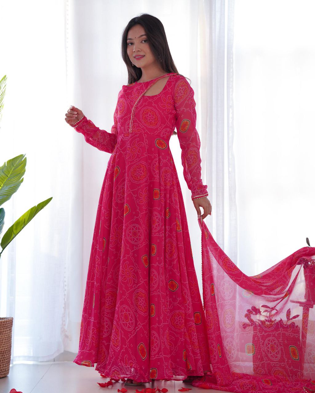 Adorable Pure Soft Lightweight Chiffon Bandhni With Stylish Neck Anarkali Suit With Dupatta