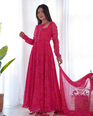 Adorable Pure Soft Lightweight Chiffon Bandhni With Stylish Neck Anarkali Suit With Dupatta