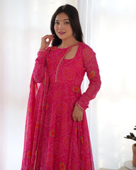 Adorable Pure Soft Lightweight Chiffon Bandhni With Stylish Neck Anarkali Suit With Dupatta